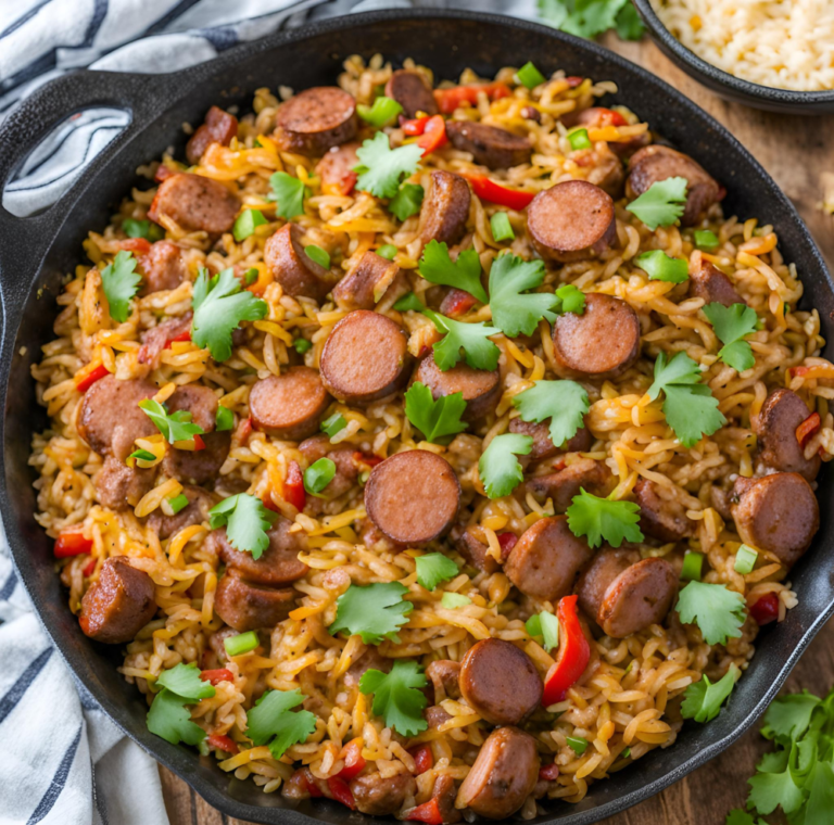 Top view of a Spicy Cajun Sausage and Rice Skillet in a black pan. The dish features slices of Cajun-spiced sausage, tender rice, and vibrant bell peppers, garnished with fresh cilantro and green onions. This one-pan meal is perfect for a quick and flavorful weeknight dinner.