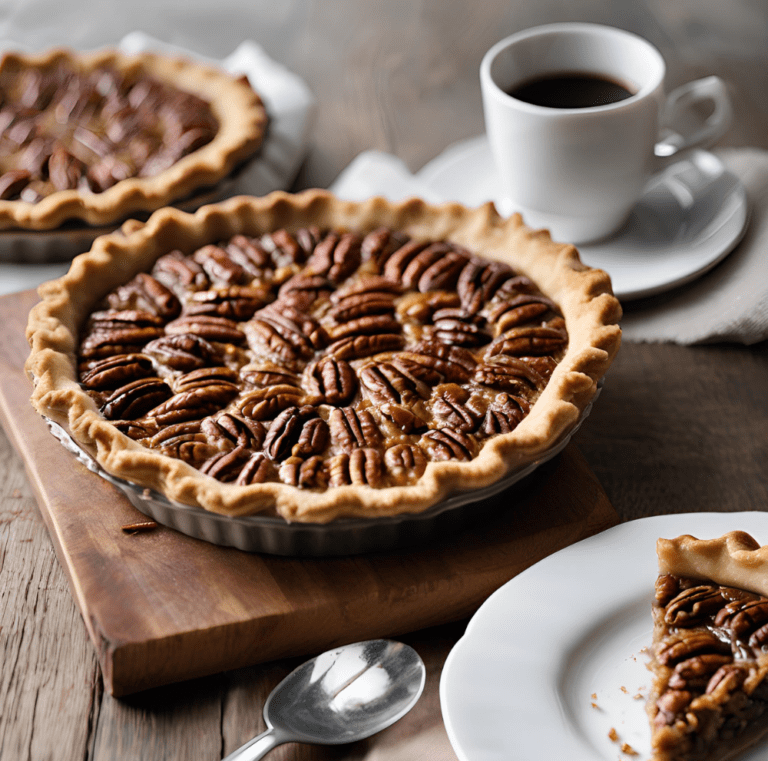 Sliced pecan pie with coffee