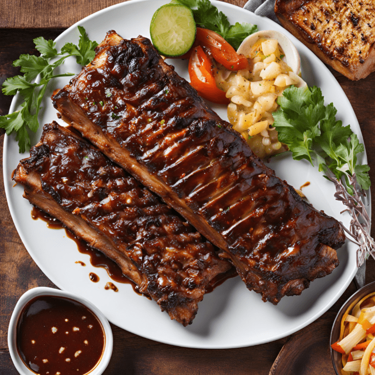 Plate of delicious grilled BBQ ribs with a rich, smoky glaze, served with fresh sides and garnished with herbs. Perfect for summer cookouts and family gatherings. Get the full recipe on Satisfy Your Cravings food blog. #GrilledBBQRibs #BBQRecipes #SummerCookout