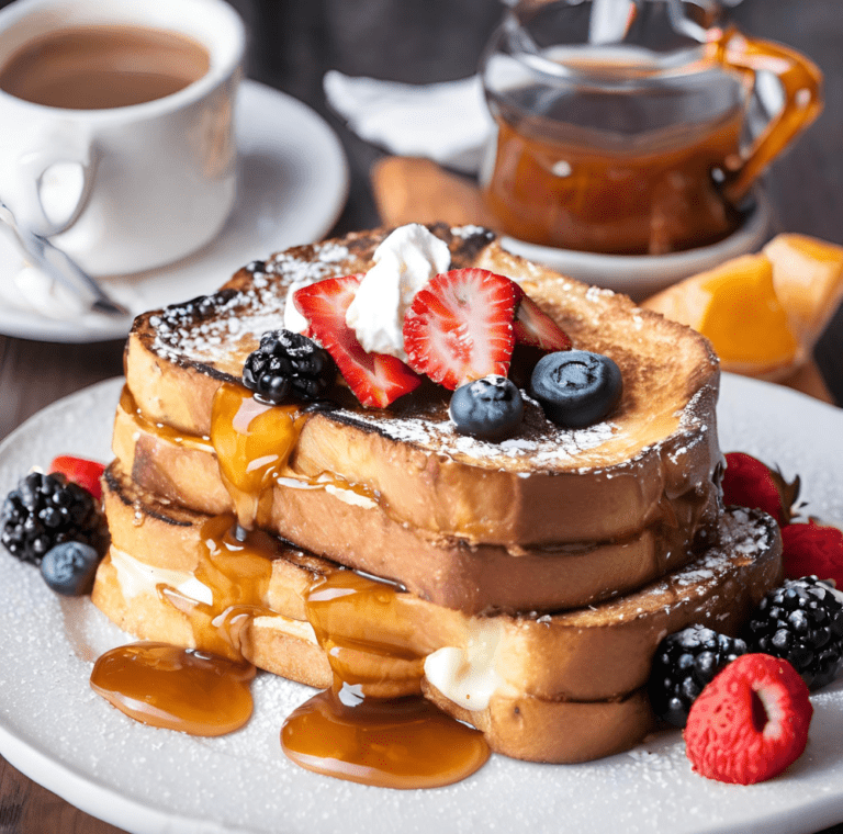 Berry-Stuffed French Toast topped with fresh strawberries, blueberries, and blackberries, drizzled with maple syrup and dusted with powdered sugar, served with a cup of coffee and a glass of orange juice. Perfect for a delicious breakfast or brunch. #BerryStuffedFrenchToast #BreakfastRecipes #BrunchIdeas #FoodPhotography