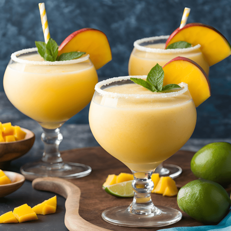 Three Frozen Mango Daiquiris garnished with mango slices and mint.