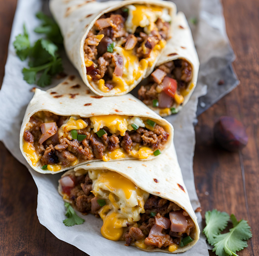 Open Leftover BBQ Breakfast Burritos with melted cheese and cilantro on parchment paper.