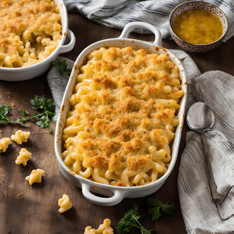 Baked mac and cheese in a white baking dish, surrounded by fresh parsley.