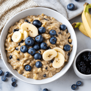 A white bowl of peanut butter oatmeal topped with banana slices and blueberries, with bananas and berries around it.