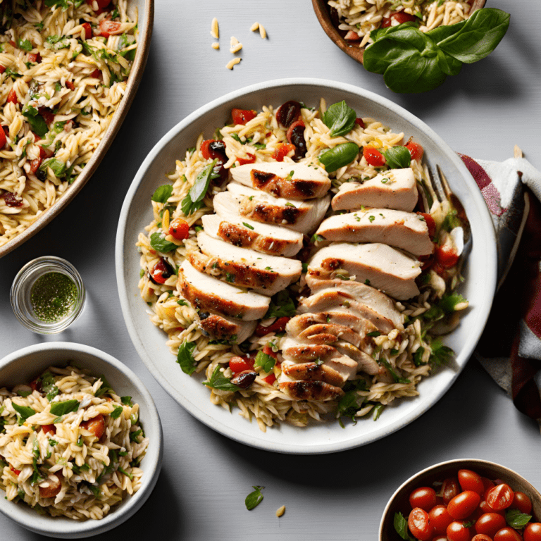 Mediterranean Chicken and Orzo Salad with grilled chicken breast and a colorful mix of vegetables and herbs, served on a white plate.