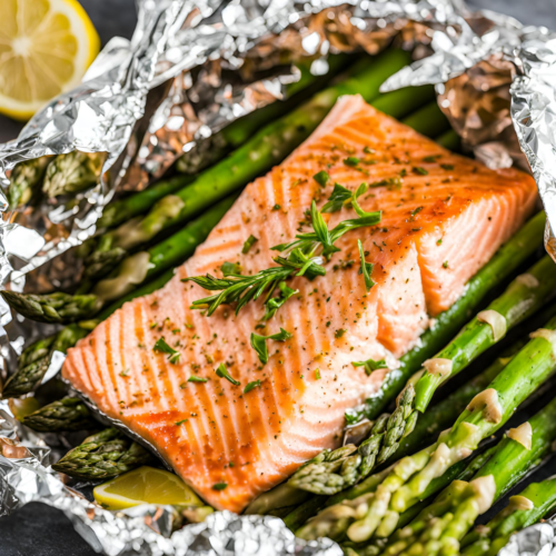 Close-up of a salmon fillet with asparagus and fresh herbs in a foil packet.