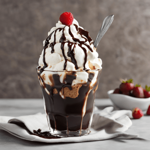 Tall hot fudge sundae with whipped cream and a cherry on top.