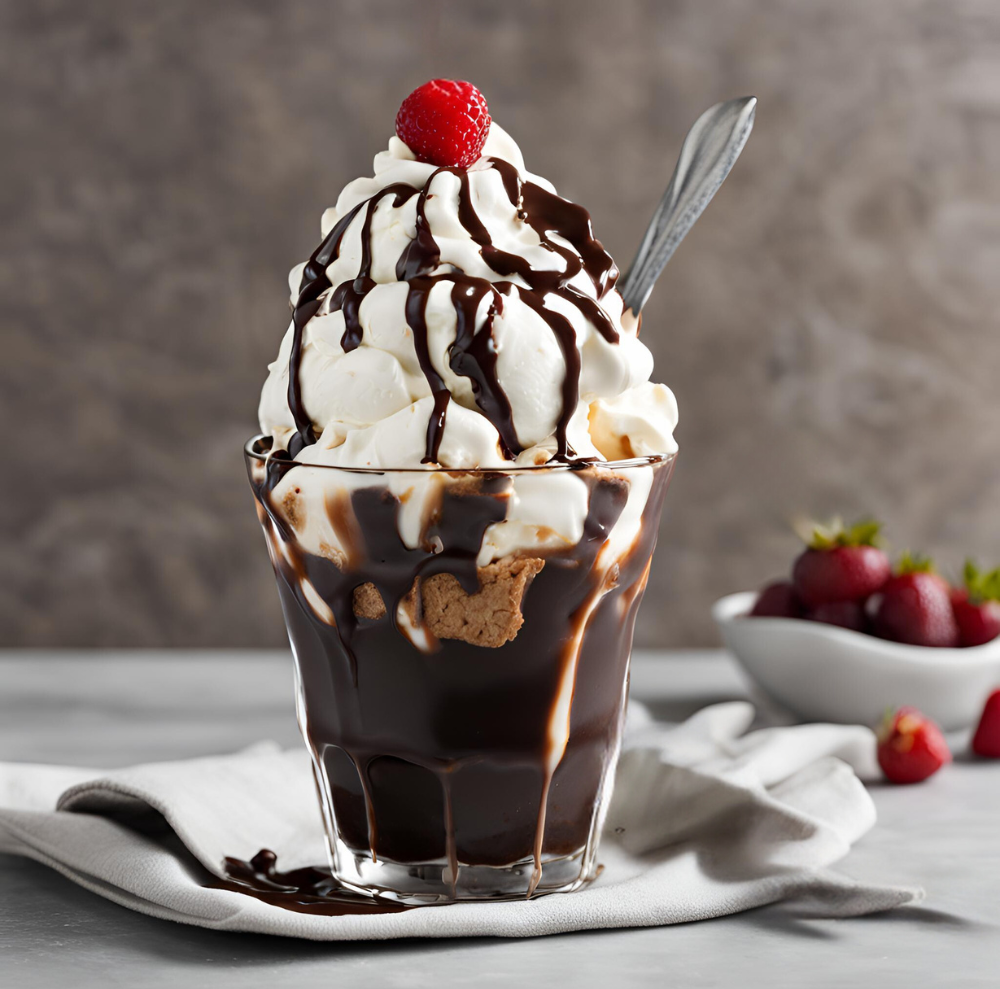 Tall hot fudge sundae with whipped cream and a cherry on top.