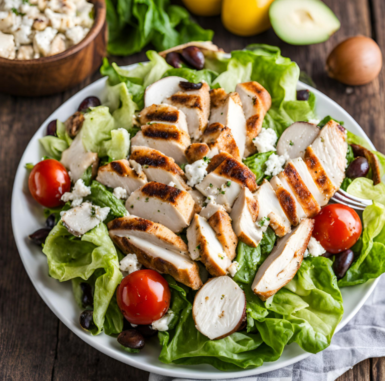 Grilled chicken Caesar salad with cherry tomatoes and black olives on a white plate.