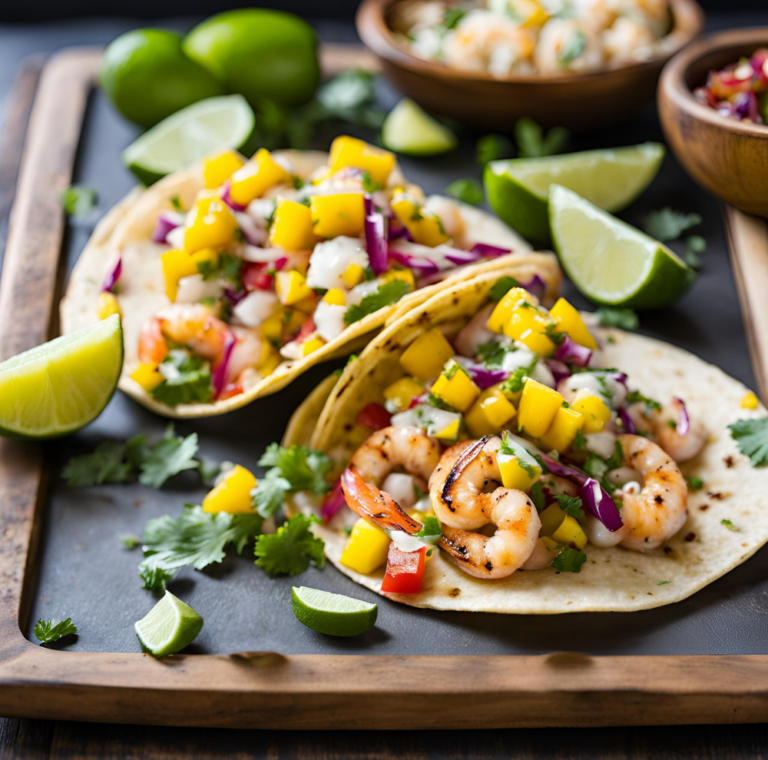 Two grilled shrimp tacos with mango salsa on a wooden board, surrounded by lime wedges and cilantro.