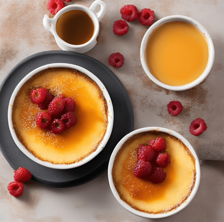 Two ramekins of crème brûlée surrounded by fresh raspberries and a small jug of caramel.