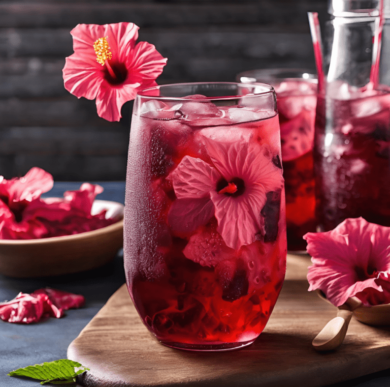 A glass of iced hibiscus tea filled with ice cubes and garnished with vibrant hibiscus flowers, set on a wooden surface with a bowl of dried hibiscus petals in the background.