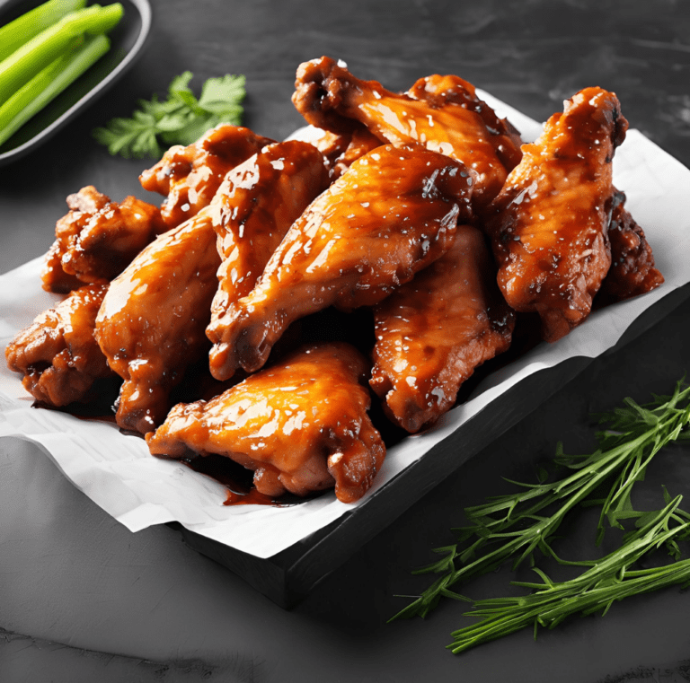 A tray of crispy chicken wings with a sticky glaze, served on parchment paper with fresh herbs.