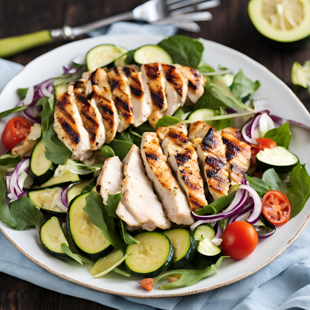 Grilled chicken and zucchini salad served in a bowl, with fresh greens, cherry tomatoes, and red onion slices.