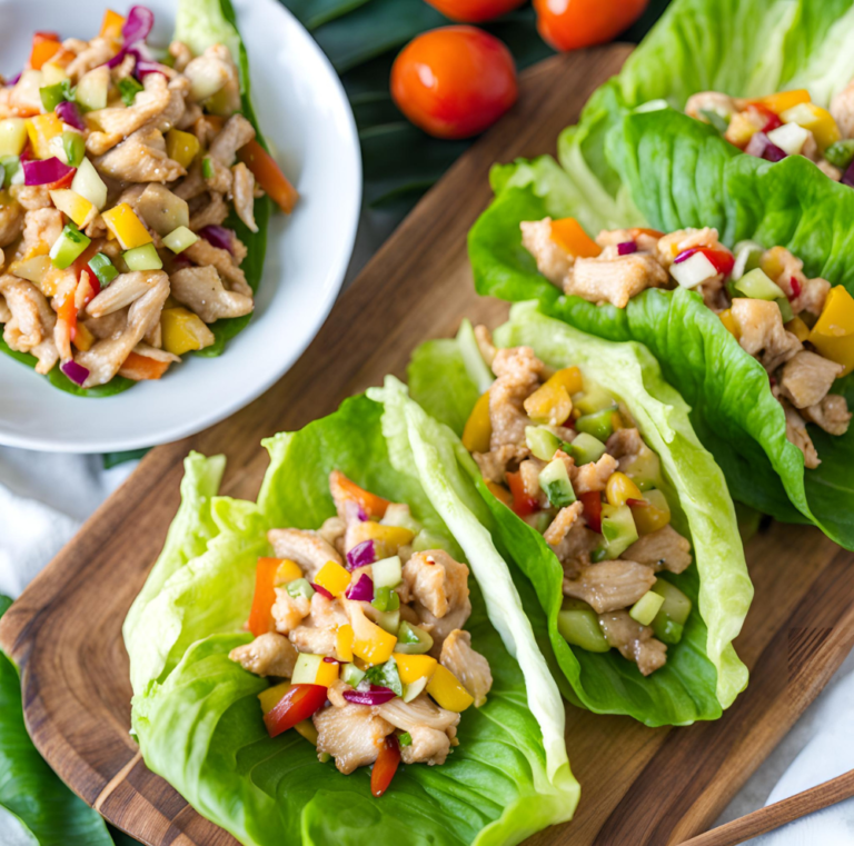 Tropical chicken lettuce wraps displayed on a wooden board, surrounded by fresh vegetables and a bowl of extra filling.