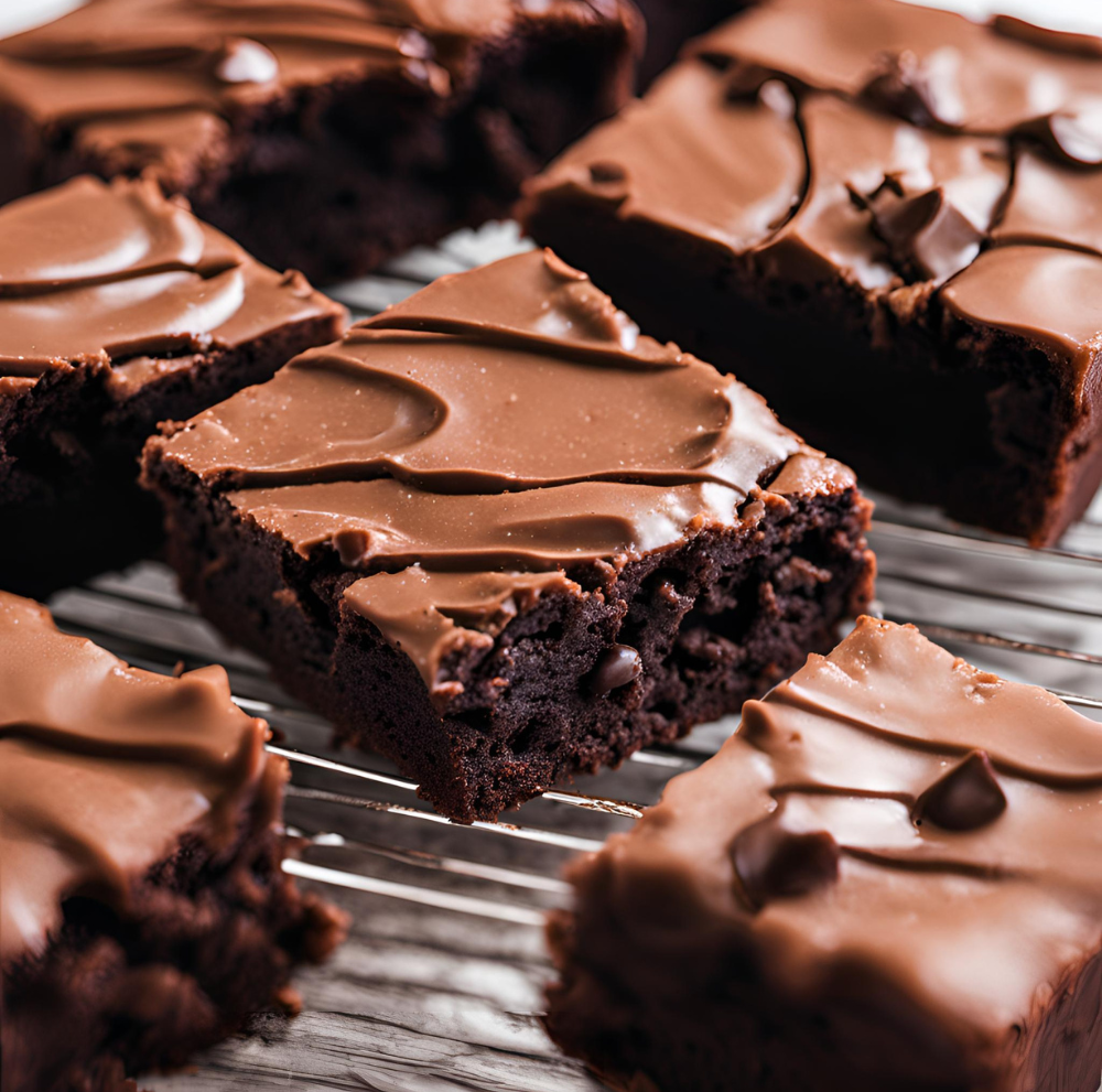 Fudgy brownies on a cooling rack.