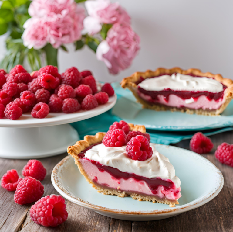 Raspberry Cream Pie slices on plates with fresh raspberries in the background.