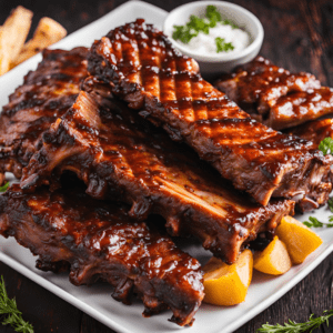 Plate of succulent grilled BBQ ribs glazed with a rich, smoky barbecue sauce, perfect for summer cookouts and family gatherings. Discover the best BBQ ribs recipe on Satisfy Your Cravings food blog. #GrilledBBQRibs #BBQRecipes #SummerCookout