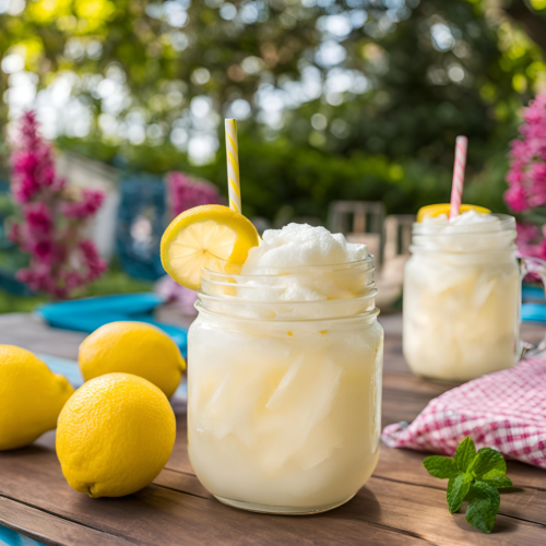 Refreshing whipped frozen lemonade served in mason jars, garnished with lemon slices and straws, set on a wooden table surrounded by fresh lemons and vibrant summer flowers. Perfect summer beverage for cooling down on hot days.