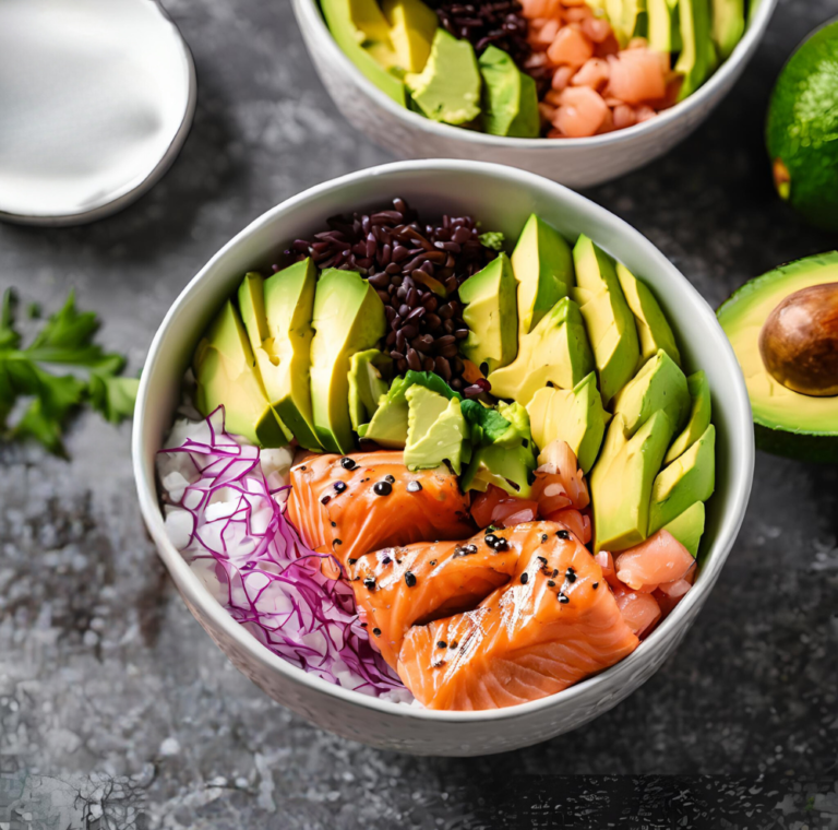 Delicious Salmon and Avocado Poke Bowl with Purple Cabbage and Black Rice