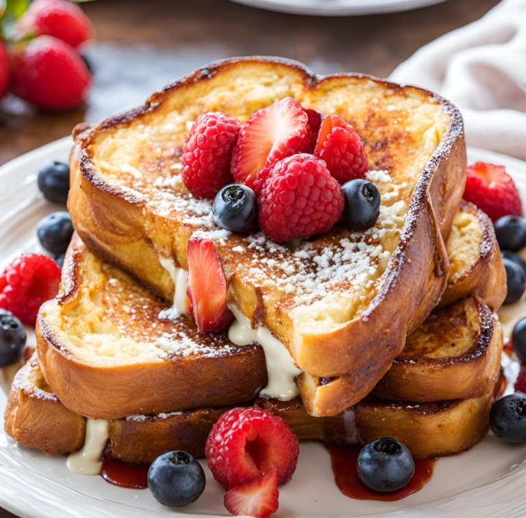 Berry-Stuffed French Toast stacked high and topped with fresh strawberries, raspberries, and blueberries, dusted with powdered sugar and drizzled with syrup. Perfect for breakfast or brunch, featured on SatisfyYourCravings.com. #BerryStuffedFrenchToast #BreakfastRecipes #BrunchIdeas