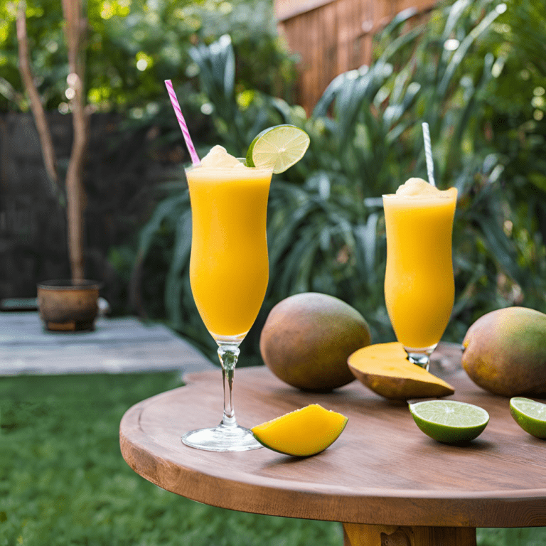 Tall glasses of Frozen Mango Daiquiri with lime garnish, set outdoors.