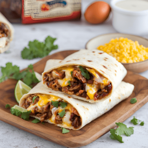 Two Leftover BBQ Breakfast Burritos on a wooden board with a side of corn and lime wedges.