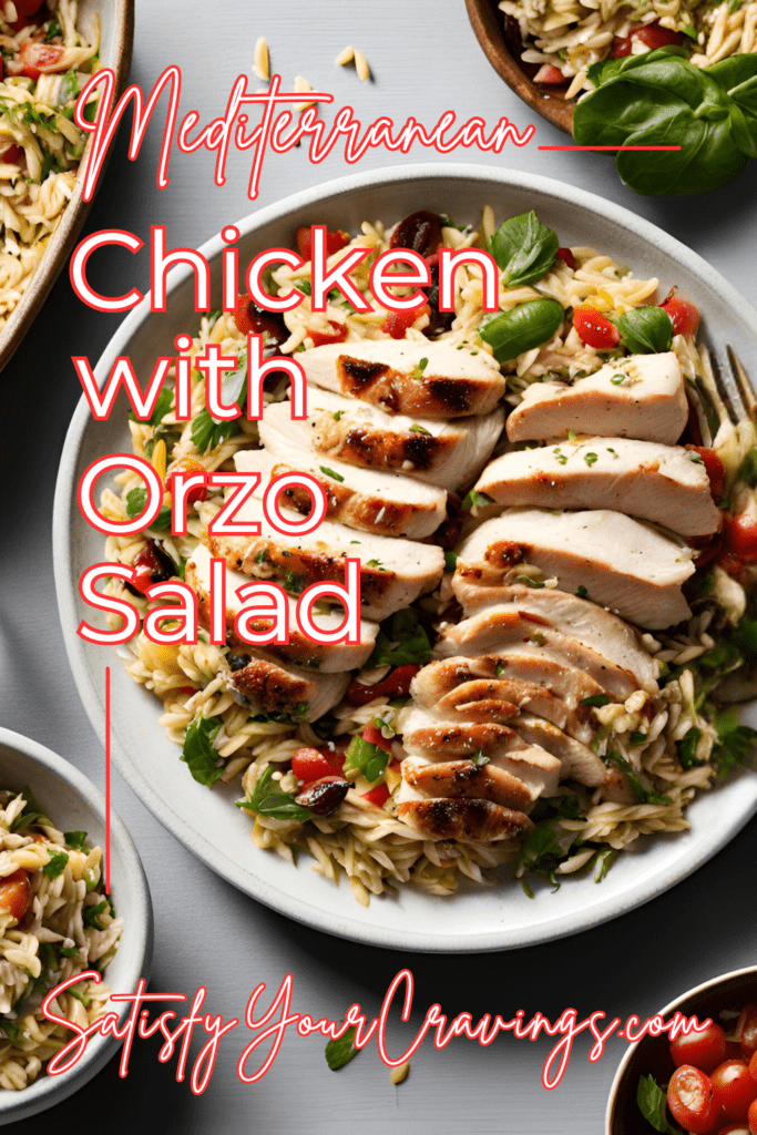 Mediterranean Chicken and Orzo Salad with grilled chicken breast and a colorful mix of vegetables and herbs, captioned with 'Mediterranean Chicken with Orzo Salad' and 'SatisfyYourCravings.com' in red text.