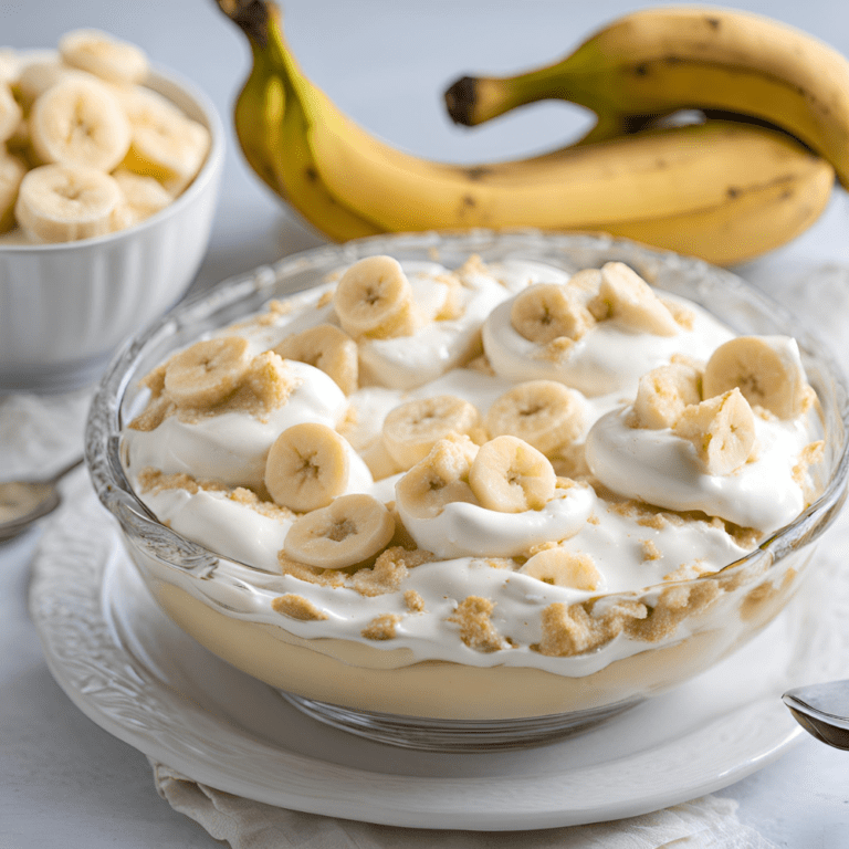 Creamy banana pudding topped with banana slices and whipped cream in a glass bowl.