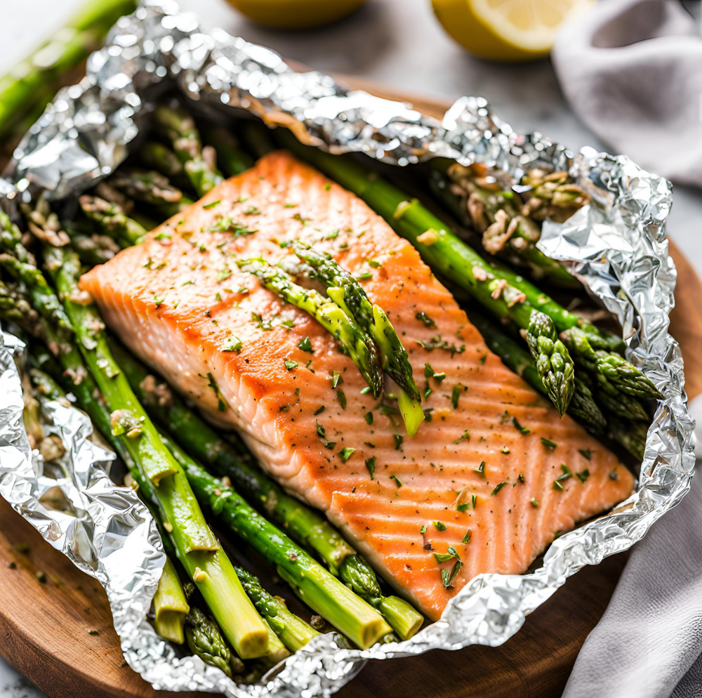 Salmon and asparagus in a foil packet garnished with herbs.