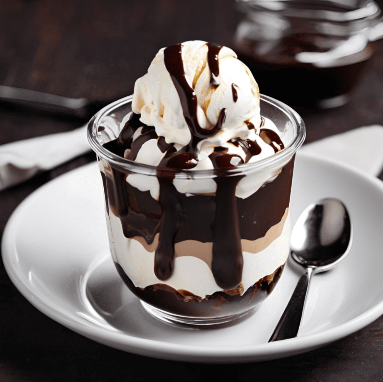 Hot fudge sundae in a glass cup with layers of chocolate and vanilla.