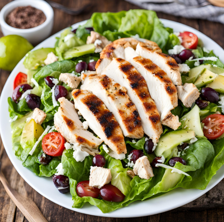 Grilled chicken Caesar salad with cherry tomatoes, cucumbers, and black olives on a white plate.