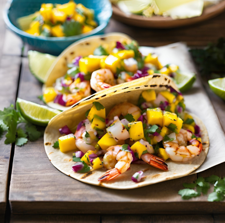 Grilled shrimp tacos with mango salsa, served on a wooden table with lime wedges and cilantro.