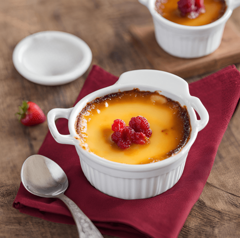 Crème brûlée with raspberries on a red napkin and wooden table.