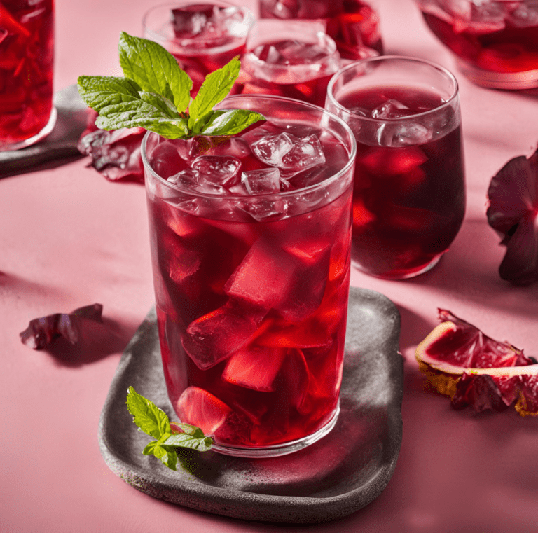 Several glasses of iced hibiscus tea garnished with fresh mint leaves, filled with ice cubes, and placed on a pink surface with scattered hibiscus petals.