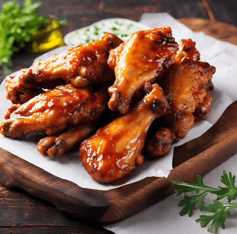 A wooden board with a serving of glazed chicken wings, garnished with fresh parsley and served with a creamy dip.