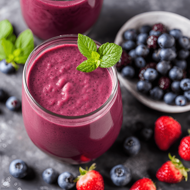 Close-up of mixed berry smoothie in a glass, garnished with mint leaves, surrounded by fresh berries.