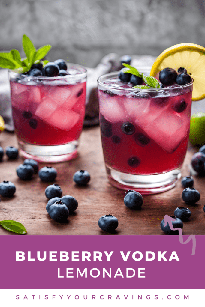 Two glasses of Blueberry Vodka Lemonade on a wooden table, surrounded by fresh blueberries and garnished with lemon slices and mint leaves.