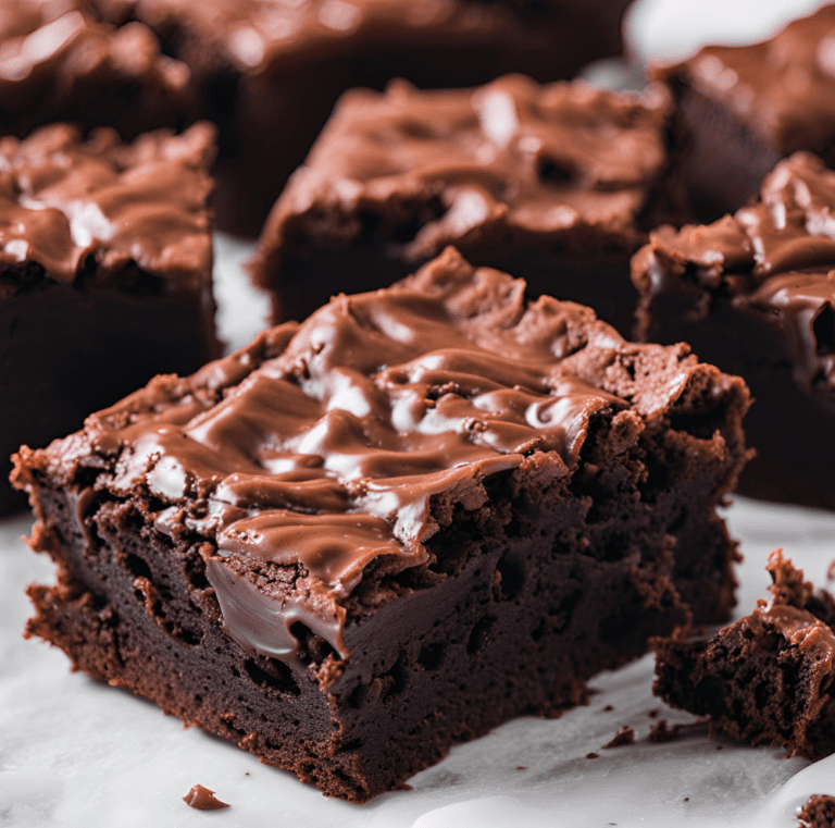 Close-up of fudgy brownies with a glossy finish.