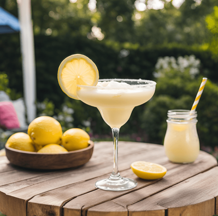 A refreshing whipped frozen lemonade served in a margarita glass, garnished with a lemon slice, placed on a wooden table with a bowl of fresh lemons and a mason jar filled with lemonade in the background. Perfect summer drink for hot days.