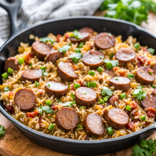 A close-up of a Spicy Cajun Sausage and Rice Skillet in a black pan. The dish features Cajun-spiced sausage slices, tender rice, and vibrant bell peppers, garnished with fresh cilantro and green onions. This one-pan meal is perfect for a quick and flavorful weeknight dinner.