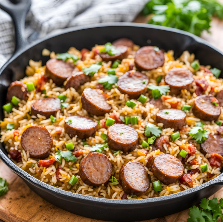 A close-up of a Spicy Cajun Sausage and Rice Skillet in a black pan. The dish features Cajun-spiced sausage slices, tender rice, and vibrant bell peppers, garnished with fresh cilantro and green onions. This one-pan meal is perfect for a quick and flavorful weeknight dinner.