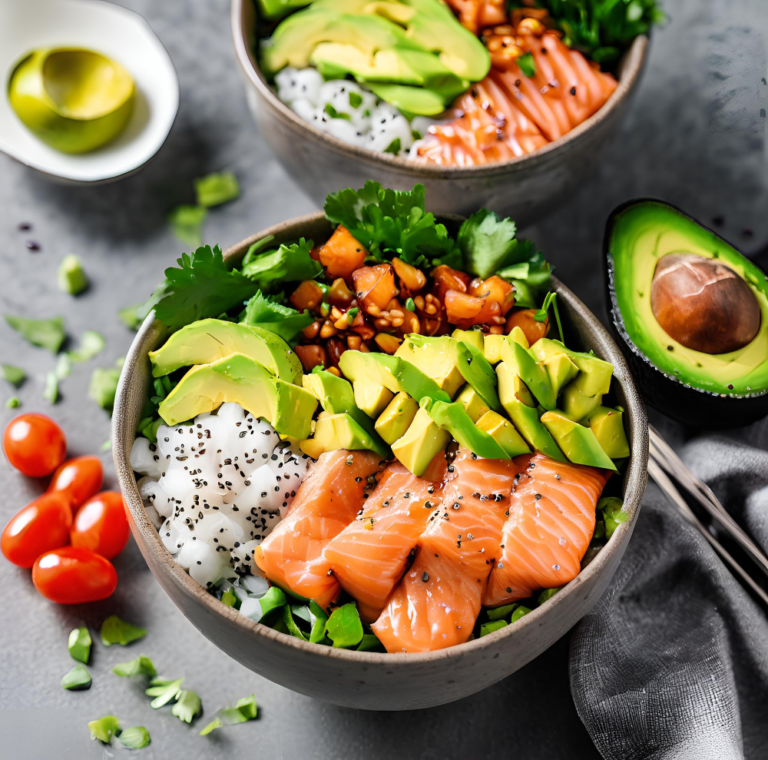 Nutritious Salmon and Avocado Poke Bowl with Fresh Ingredients Caption: Brighten your day with our nutritious Salmon and Avocado Poke Bowl, packed with fresh ingredients and vibrant flavors. Perfect for a balanced meal. #HealthyEating #PokeBowl