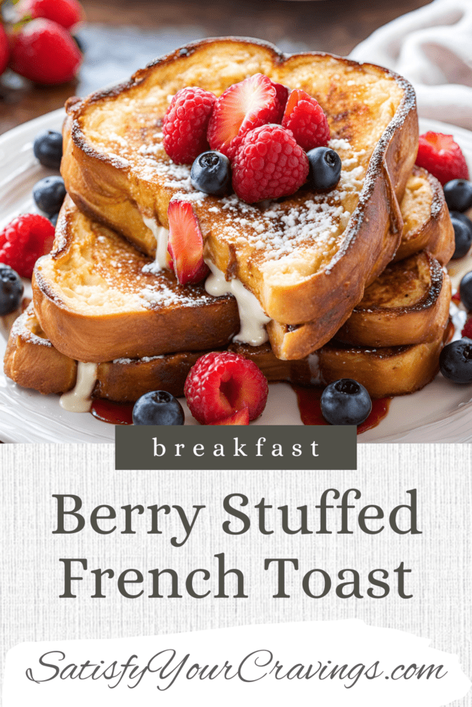 Delicious Berry-Stuffed French Toast topped with fresh strawberries, raspberries, and blueberries, dusted with powdered sugar and served with a drizzle of syrup. Perfect for breakfast or brunch, featured on SatisfyYourCravings.com. #BerryStuffedFrenchToast #BreakfastRecipes #BrunchIdeas