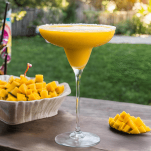 Large glass of Frozen Mango Daiquiri with a bowl of mango chunks.