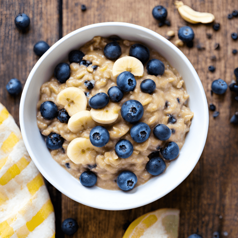 A bowl of peanut butter oatmeal with blueberries and banana slices on a wooden table, surrounded by more blueberries and peanuts.