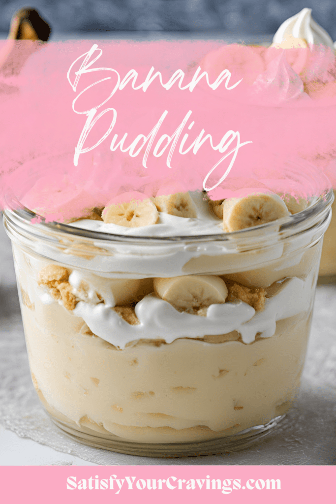 Banana pudding in a glass bowl, topped with crushed vanilla wafers and fresh banana slices.