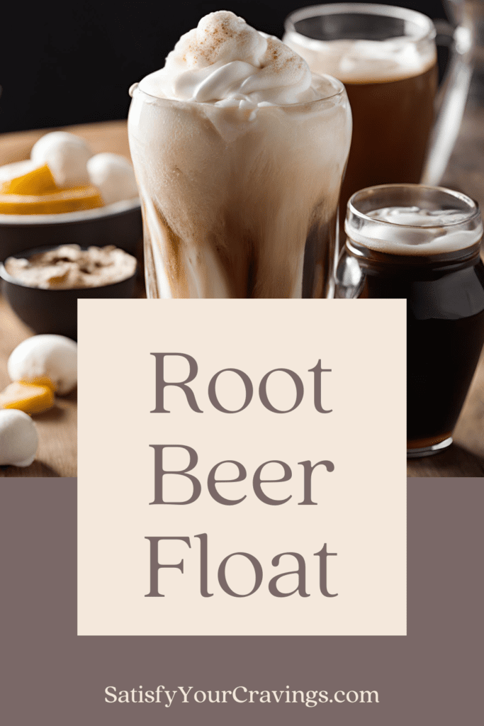 Root beer float with vanilla ice cream and whipped cream, "Root Beer Float" text overlay.