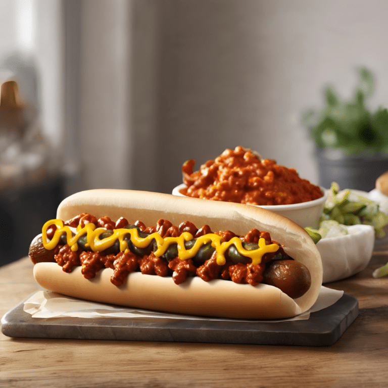 Chili Coney Dog with mustard and a side of chili on a wooden board