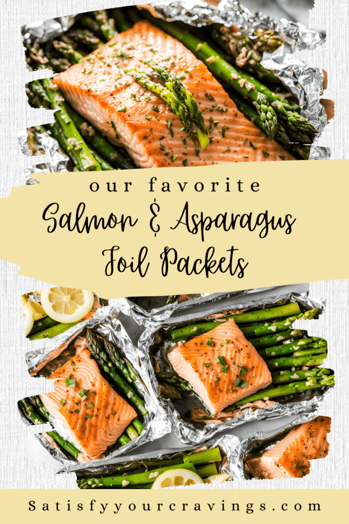 Collage of Salmon and Asparagus Foil Packets ready to be served.